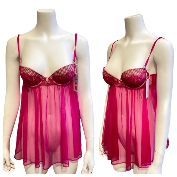 VICTORIA'S SECRET Soft Pink and Fuschia Lace Babydoll Bra Top, size 34B - Picture 2 of 15